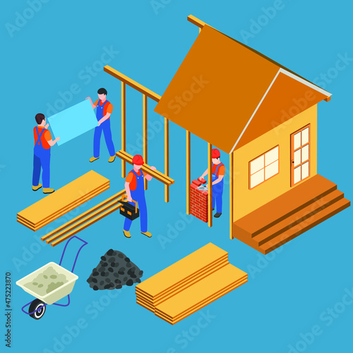 Construction workers building a house isometric 3d vector concept for banner, website, illustration, landing page, flyer, etc.