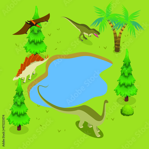Dinosaurs around a lake isometric 3d vector concept for banner, website, illustration, landing page, flyer, etc. © Creativa Images