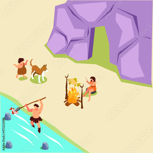 Cavemen fishing and cooking isometric 3d vector concept for banner, website, illustration, landing page, flyer, etc.