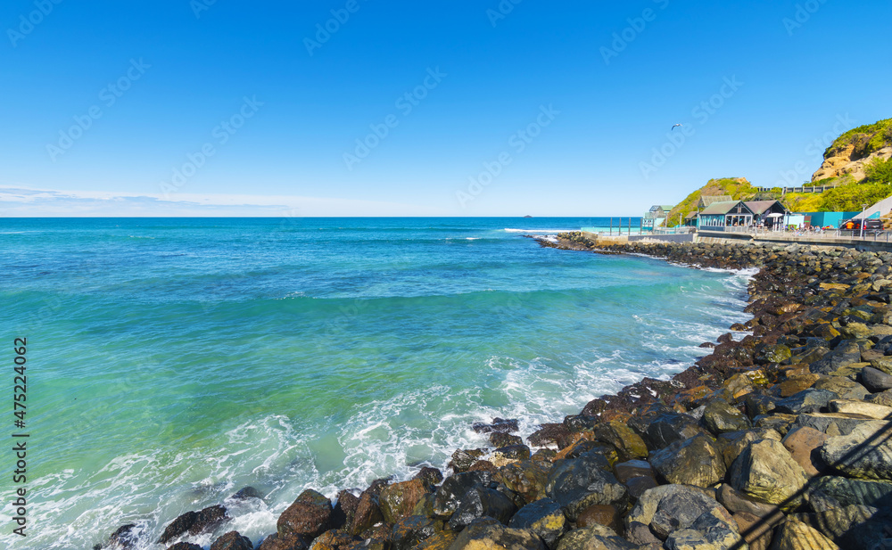 Panoramic View of St Clair Beach Dunedin, South Island New Zealand; Rocky Part of the Beach during High Tide with Rough Seas