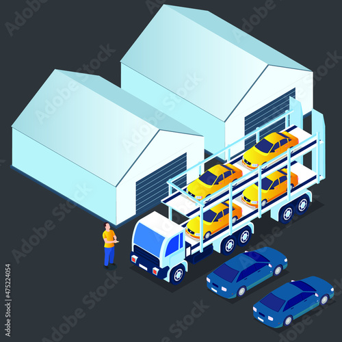 Big car carrier truck delivering cars from manufacture to dealership isometric 3d vector concept for banner, website, illustration, landing page, flyer, etc.