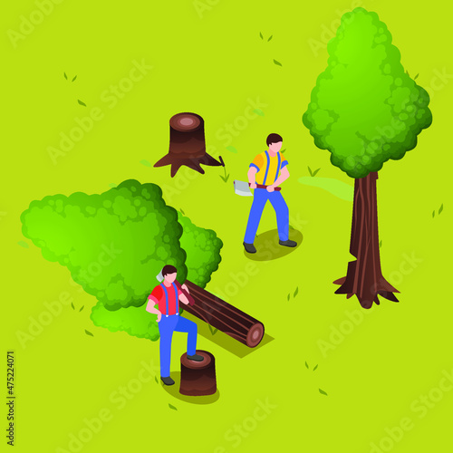 Men cutting trees isometric 3d vector concept for banner, website, illustration, landing page, flyer, etc.