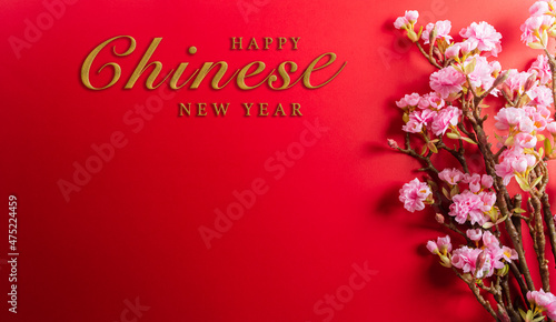Chinese new year decorations made from plum blossom on a red background. A symbol for fortune, good luck, wealth, money flow.