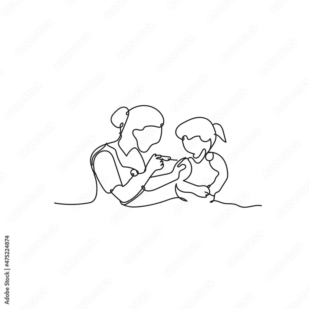 Continuous line drawing. the doctor is giving vaccine injection to a child patient .Illustration icon vector