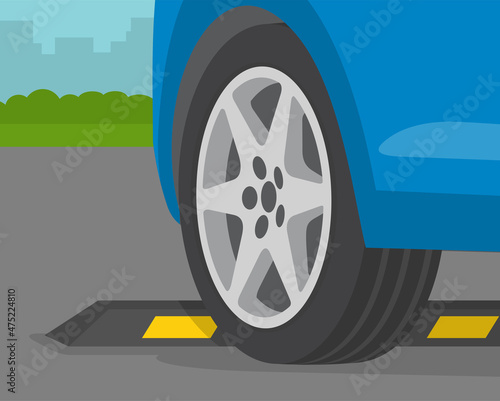 Close-up view of parking lot with rubber wheel stop. Flat vector illustration template.