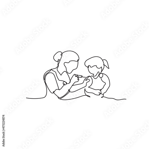 Continuous line drawing. the doctor is giving vaccine injection to a child patient .Illustration icon vector