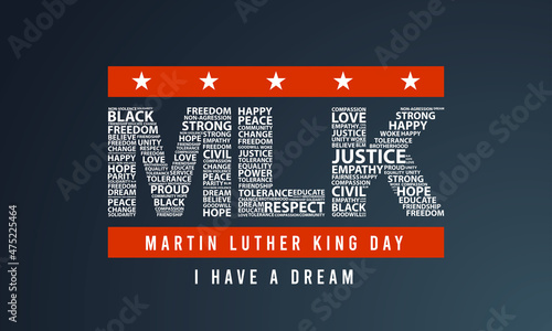 Typography design with words on the text MLK in American Flag colors on an isolated gradient background