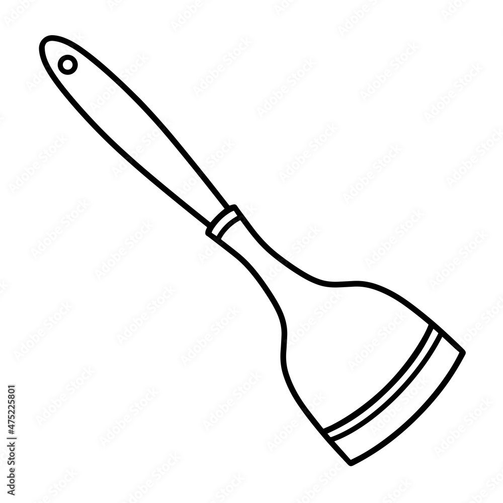 Kitchen spatula vector icon. Hand drawn monochrome illustration isolated on white background. A sketch of a cutlery for cooking. Simple black doodle. Culinary clipart, flat style. Top view Kitchen spatula vector icon. Hand drawn monochrome illustration isolated on white background. A sketch of a cutlery for cooking. Simple black doodle. Culinary clipart, flat style. Top view