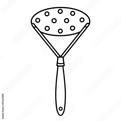 Potato crusher vector icon. Hand-drawn illustration isolated on white background. Kitchen tools for pressing vegetables, beans, fruits. Cutlery with holes. Monochrome sketch, simple doodle.