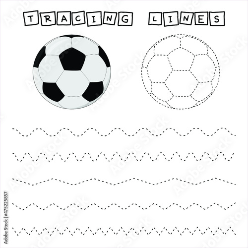 Tracing lines game with football balls. Worksheet for preschool kids, kids activity sheet, printable worksheet
