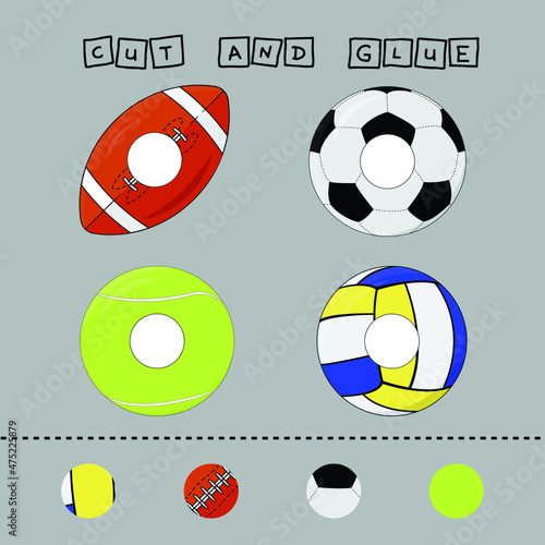 Developing an activity for children, the task is to cut and glue a piece on rugby, tennis, volleyball and soccer balls. Logic game for children.