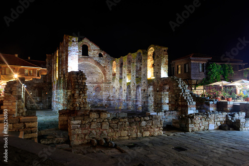 Byzantine Church of Saint Sophia, also known as the Old Bishopric in the old town of Nessebar, Bulgaria at night