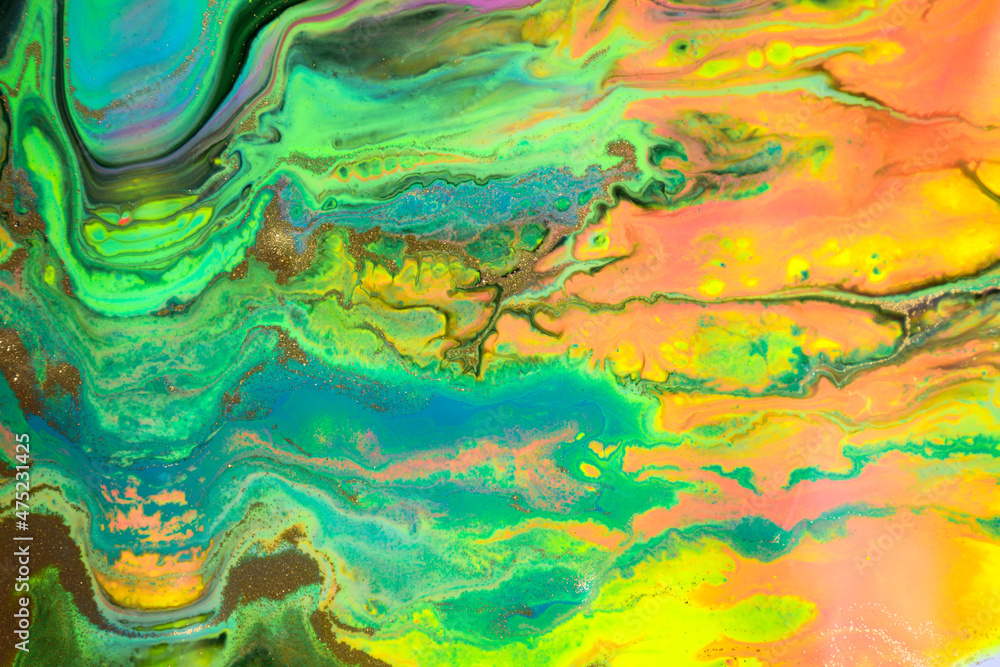 Rainbow abstract liquid ink gradient pattern. Fluorescent liquid bright texture.
