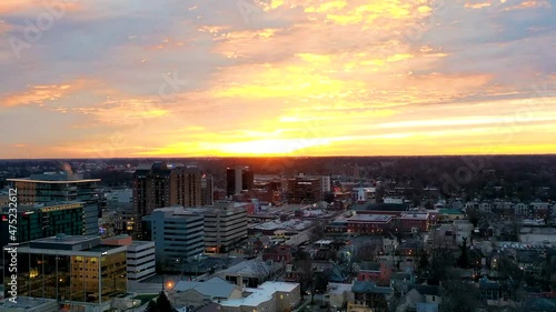 A standstill aerial timelapse of sunrise in downtown Lexington Kentucky with gorgeous vibrant orange and yellow colors. 1080p photo