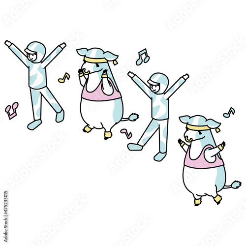 リズムに乗って音楽でエクササイズをする人と牛のアイソメイラスト