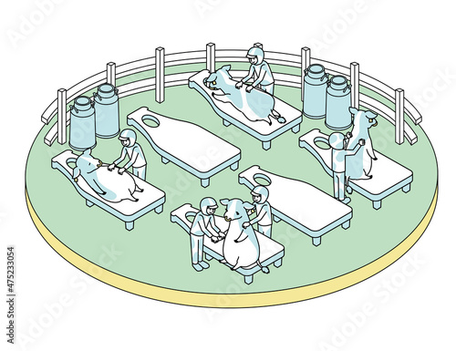 マッサージやエステのサービスを受ける牛のアイソメイラスト