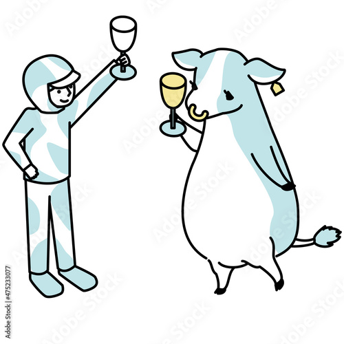 グラスで乾杯する牛と人間のアイソメイラスト