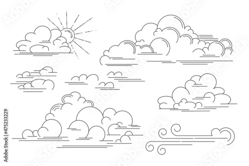 Vector linear clouds. Set of isolated contour images of clouds, wind and storm eddy. Outline vector illustration