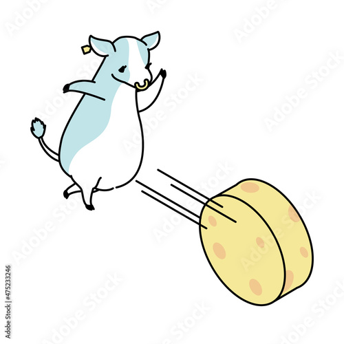 綺麗なポーズでチーズを転がす牛のアイソメイラスト