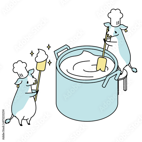 甘くて美味しい生クリームをヘラで混ぜる牛のアイソメイラスト