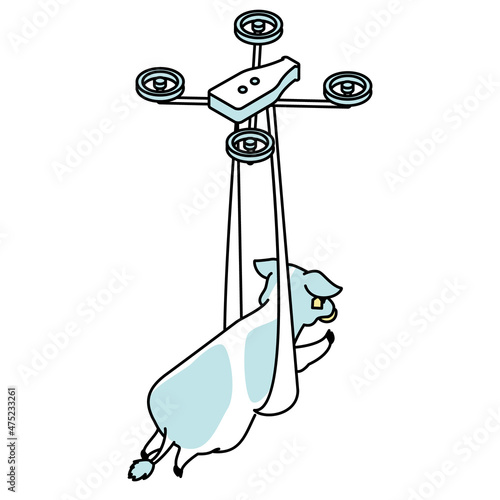 ドローンで安全に運搬される牛のアイソメイラスト