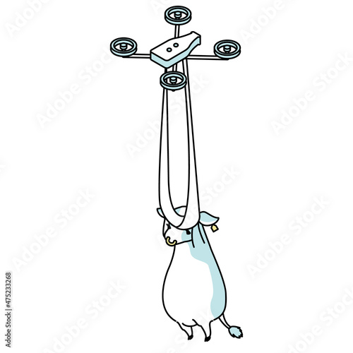 ドローンに掴まって運ばれる牛のアイソメイラスト