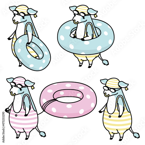 水着を着用した可愛い牛のアイソメイラストのセット