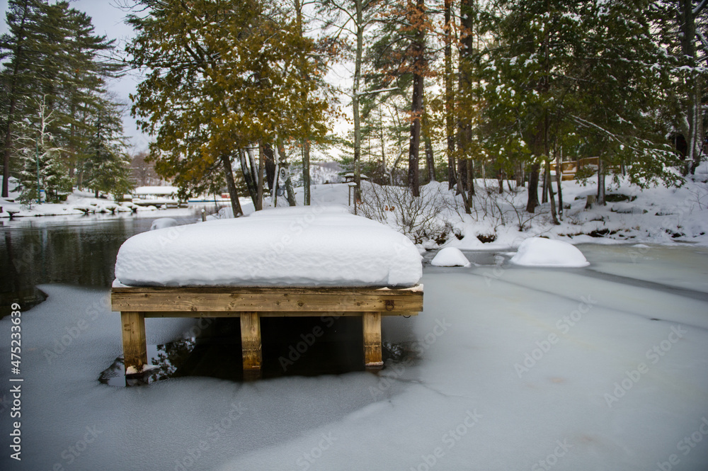 Fresh snow covering a wooden dock on a frozen lake in Muskoka, Canada during the winter season. Fresh snow covering a wooden dock on a frozen lake in Muskoka, Canada during the winter season.