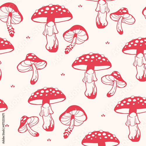 Amanita mushrooms seamless plant pattern
