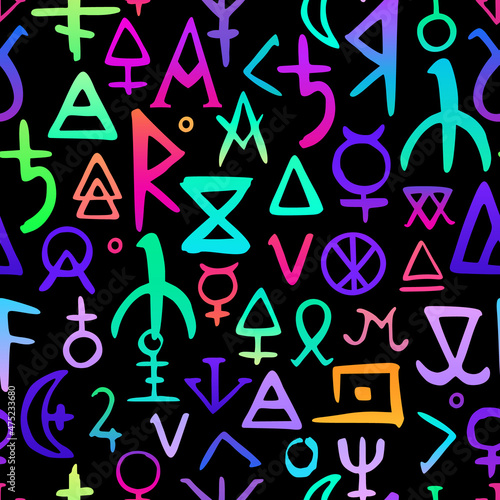 seamless pattern with bright alchemical and occult elements