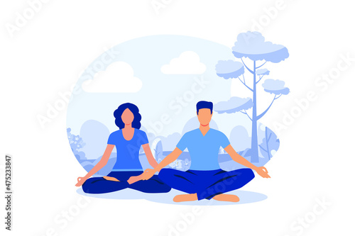 yoga health benefits of the body, mind and emotions, a pregnant woman with her partner in a yoga pose meditate. flat design modern illustration 