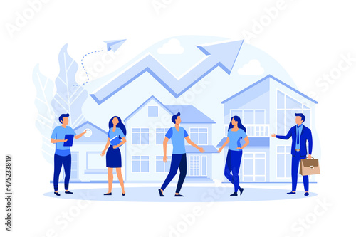 Real estate business concept with houses, rising real estate market, increasing the value of houses and square meters vector, flat design modern illustration 