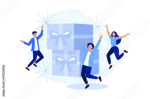 joyful people, employee receives a gift, online reward for a good job, holiday corporate vector, flat design modern illustration 