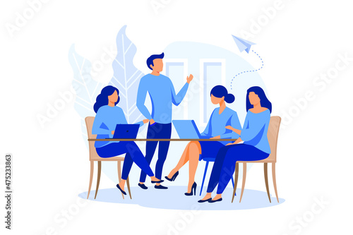 workers are sitting at the negotiating table, collective thinking and brainstorming, vector,company information analytics, flat design modern illustration 