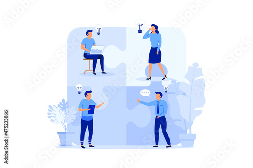Team metaphor. people connecting puzzle elements. Vector illustration flat design style. Symbol of teamwork, cooperation, partnership. flat design modern illustration 