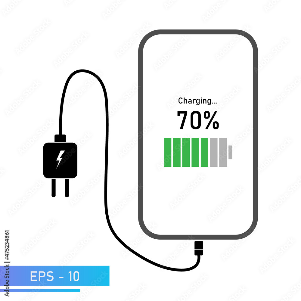 The smartphone is charged from the power supply. Indication of the charging process on the smartphone screen. Vector illustration. The smartphone is charged from the power supply. Indication of the charging process on the smartphone screen. Vector illustration.
