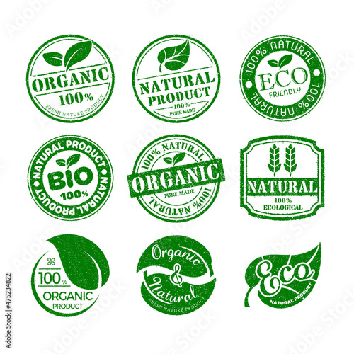 Organic, healthy natural and eco product stamp label illustration set