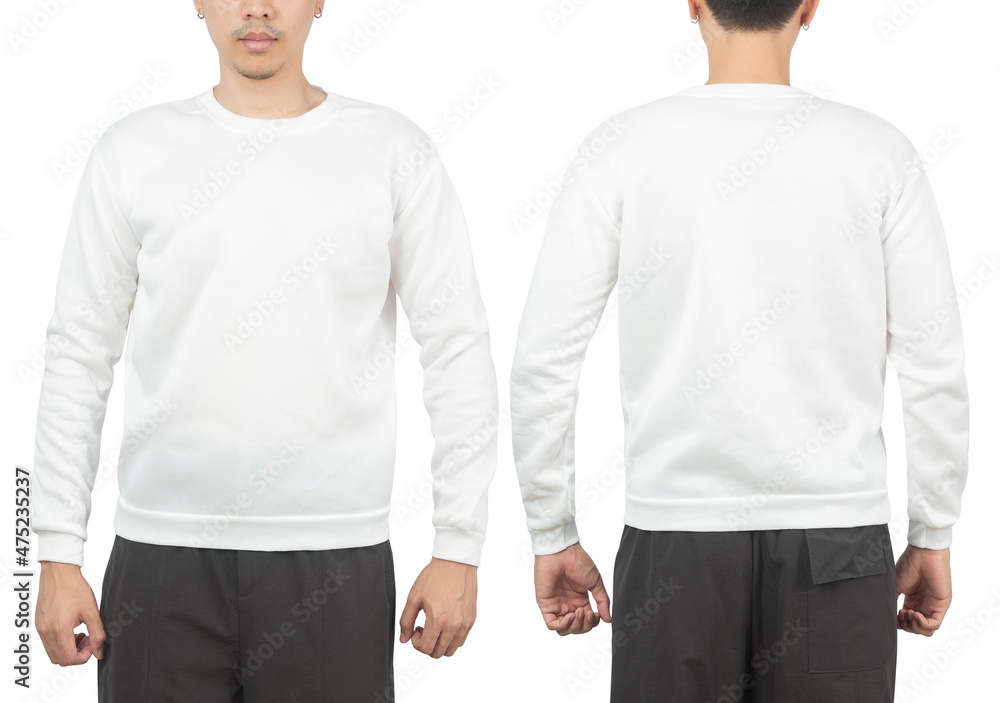Young man in white sweatshirt mockup front and back used as design template, isolated on white background with clipping path. Young man in white sweatshirt mockup front and back used as design template, isolated on white background with clipping path.
