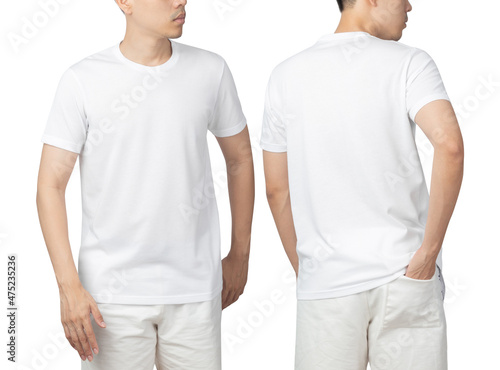 Young man in blank white t-shirt mockup front and back used as design template, isolated on white background with clipping path.