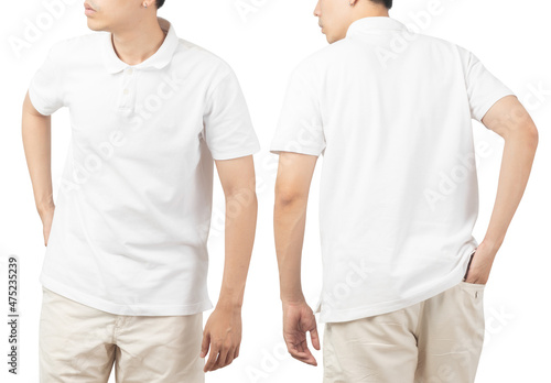 Young man in blank Polo t-shirt mockup front and back used as design template, isolated on white background with clipping path.