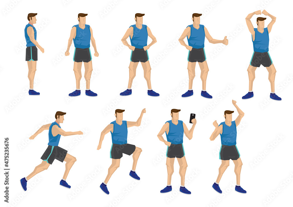 Set of men in exercising outfit in different poses. Isolated vector illustration.