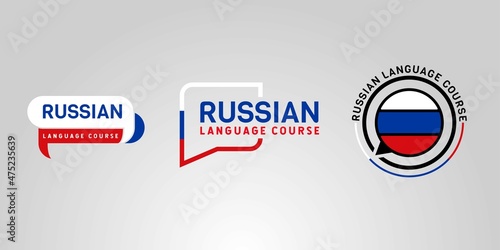 Learning Russian Language Course Logo. language exchange program, forum, speech bubble, and international communication sign. With Russia Flag. Premium and luxury vector illustration