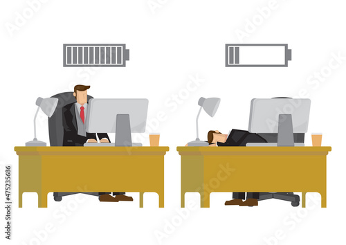 Business executive in suit with battery indicator to show his energy level, from fully charged to exhausted. Conceptual vector cartoon illustration isolated on white background.