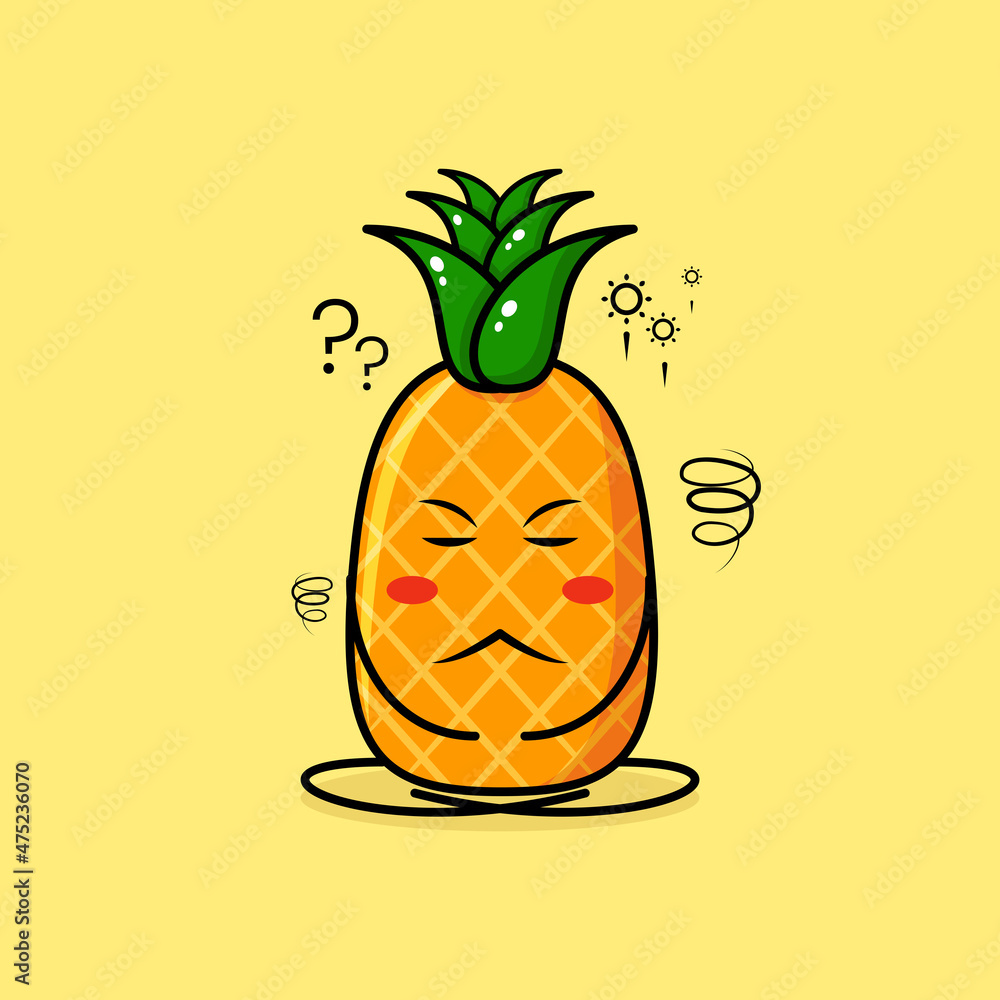 cute pineapple character with thinking expression, close eyes and sit ...