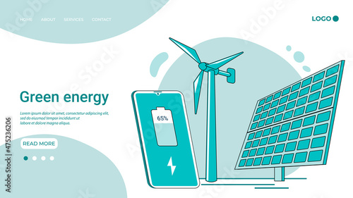 Green energy.The concept of generating energy using the sun and wind..An illustration in the style of a landing page in green.