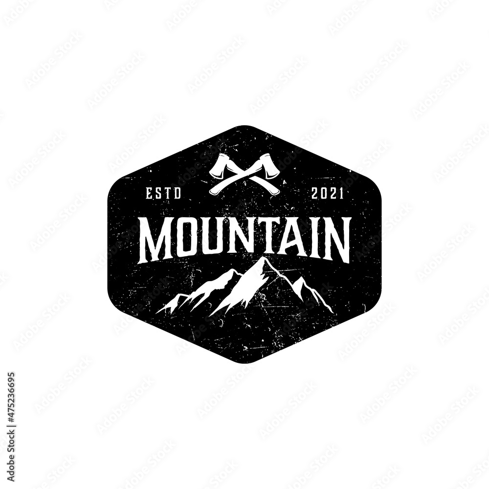 Mountains and forest black vector badge, label, emblem or logo isolated on white background with removable grunge texture Mountains and forest black vector badge, label, emblem or logo isolated on white background with removable grunge texture