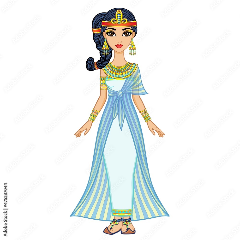 Animation Egyptian princess in ancient clothes and gold jewelry. Hair locon of youth. Queen, goddess, princess. Full growth. Vector illustration isolated on a white background. Animation Egyptian princess in ancient clothes and gold jewelry. Hair locon of youth. Queen, goddess, princess. Full growth. Vector illustration isolated on a white background.