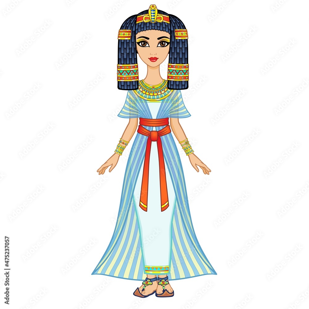 Animation Egyptian princess in ancient clothes and wig, gold jewelry. Queen, goddess, princess. Full growth. Vector illustration isolated on a white background.