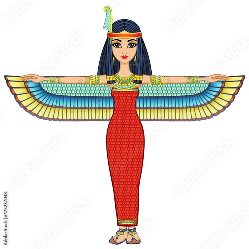 Animation portrait of ancient Egyptian goddess Maat in a wig with a bird wings. Full growth. Vector illustration isolated on a white background.