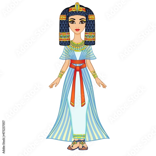 Animation Egyptian princess in ancient clothes and wig, gold jewelry. Queen, goddess, princess. Full growth. Vector illustration isolated on a white background.
